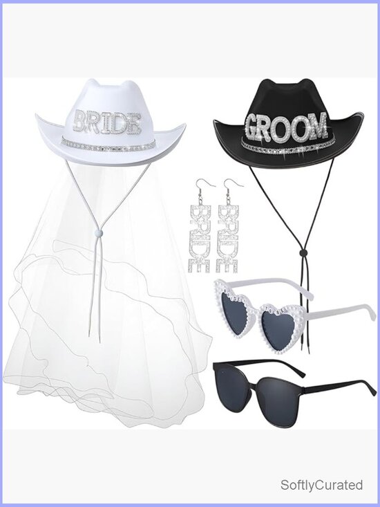 Bride and Groom Rhinestone Cowboy Hat Set with Veil, Earrings & Sunglasses for main image 7